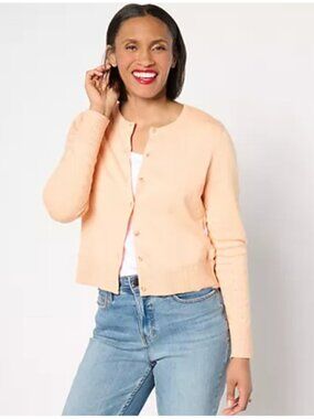 Isaac Mizrahi Women Sweater sz S Bolero Long Sleeve Pointelle Trim Peach A646485